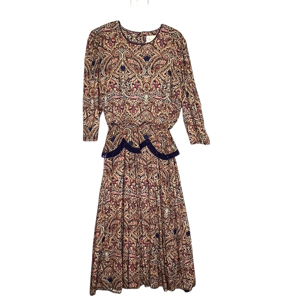 Vtg Miss Dorby Paisley Dress M Peplum Velvet Trim Whimsigoth Regency Victorian